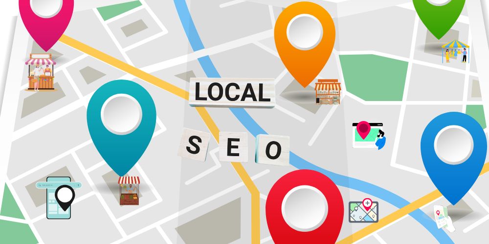local seo map with location pins highlighting nearby businesses and services